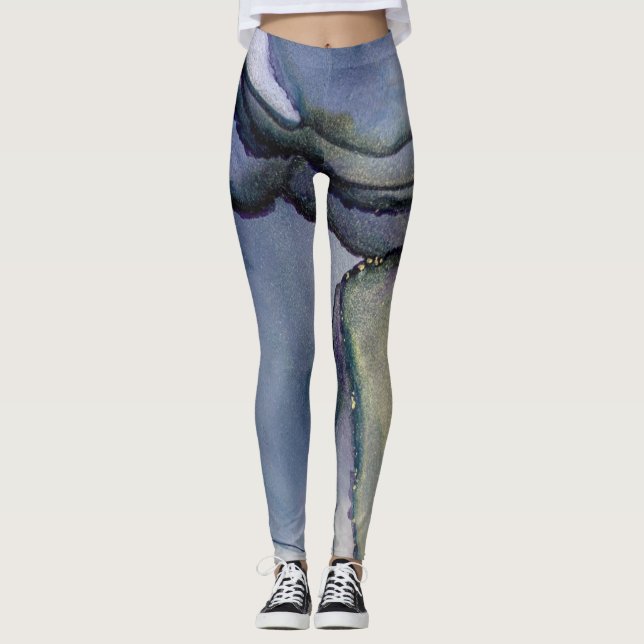 Abstract Alcohol Ink Shimmery Blue & Gold Leggings (Front)