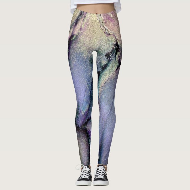 Abstract Alcohol Ink Shimmery Purple and Gold Leggings (Front)