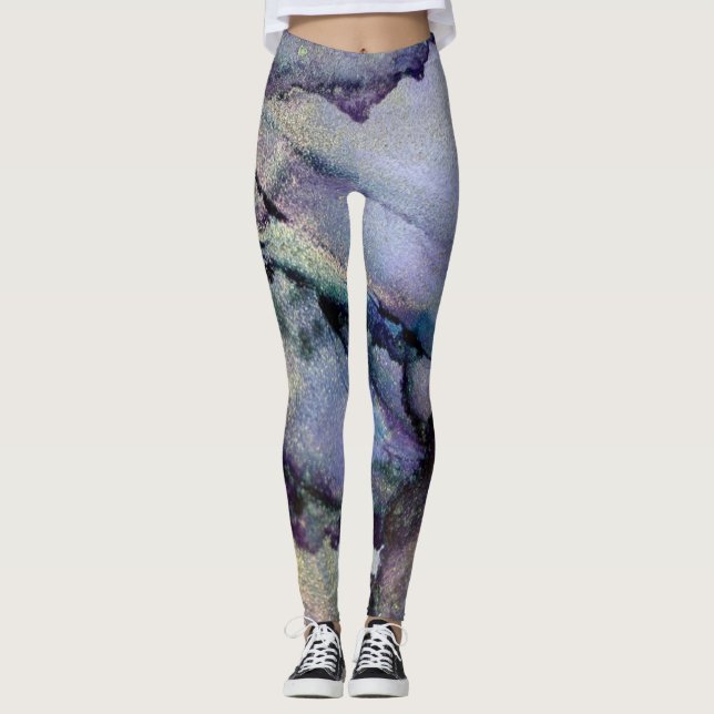 Abstract Alcohol Ink Shimmery Purple Teal Gold Leggings (Front)