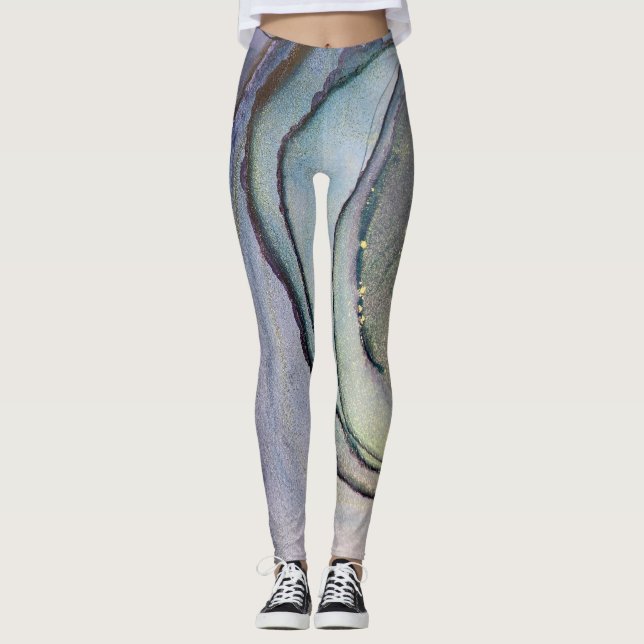 Abstract Alcohol Ink Shimmery Purple Teal Gold Leggings (Front)