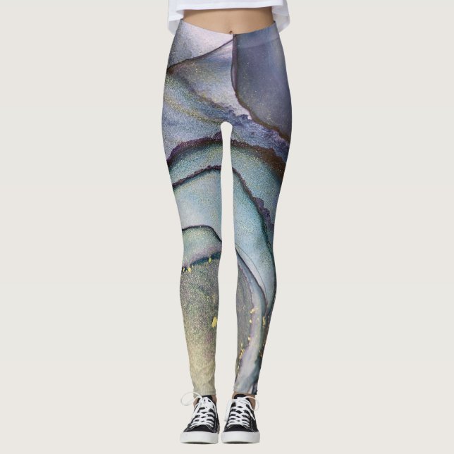 Abstract Alcohol Ink Shimmery Purple Teal Gold Leggings (Front)