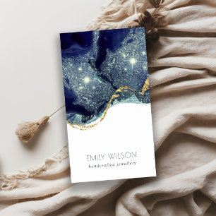 Abstract Alcohol Ink Silver Navy Blue Glitter Business Card