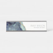 Abstract Alcohol Ink Silver Navy Blue Glitter Desk Name Plate (Front)