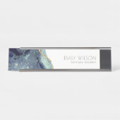 Abstract Alcohol Ink Silver Navy Blue Glitter Desk Name Plate (Front)