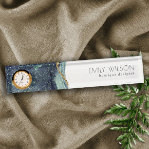 Abstract Alcohol Ink Silver Navy Blue Glitter  Nameplate