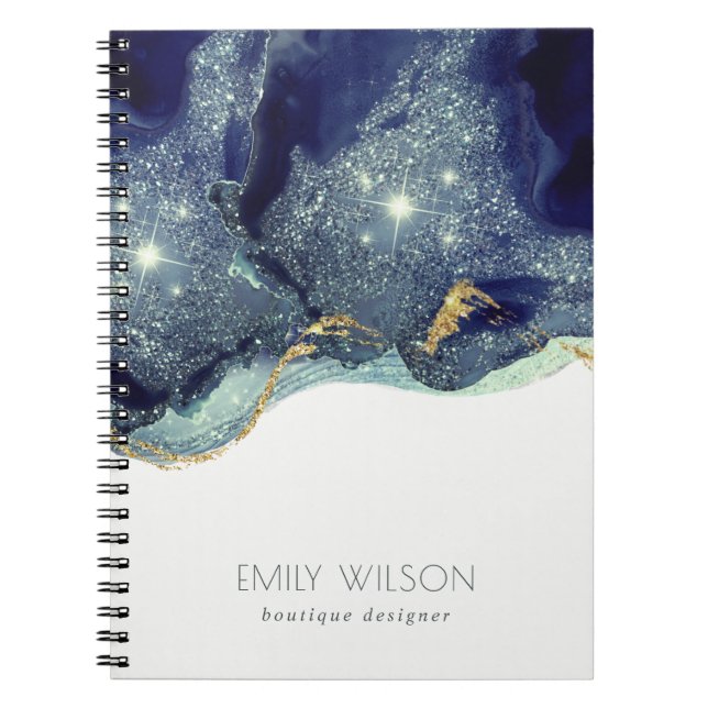 Abstract Alcohol Ink Silver Navy Blue Glitter Notebook (Front)