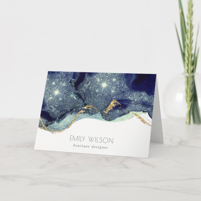 Abstract Alcohol Ink Silver Navy Blue Glitter Thank You Card (Front)