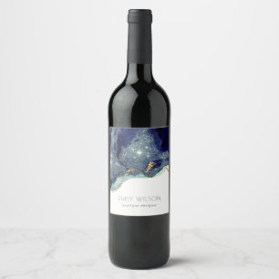Abstract Alcohol Ink Silver Navy Blue Glitter Wine Label
