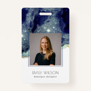 Abstract Alcohol Ink Silver Navy  Glitter Photo ID Badge