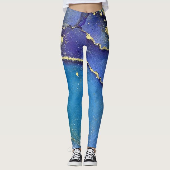 Abstract Alcohol Ink Teal Purple Blue & Gold Leggings (Front)