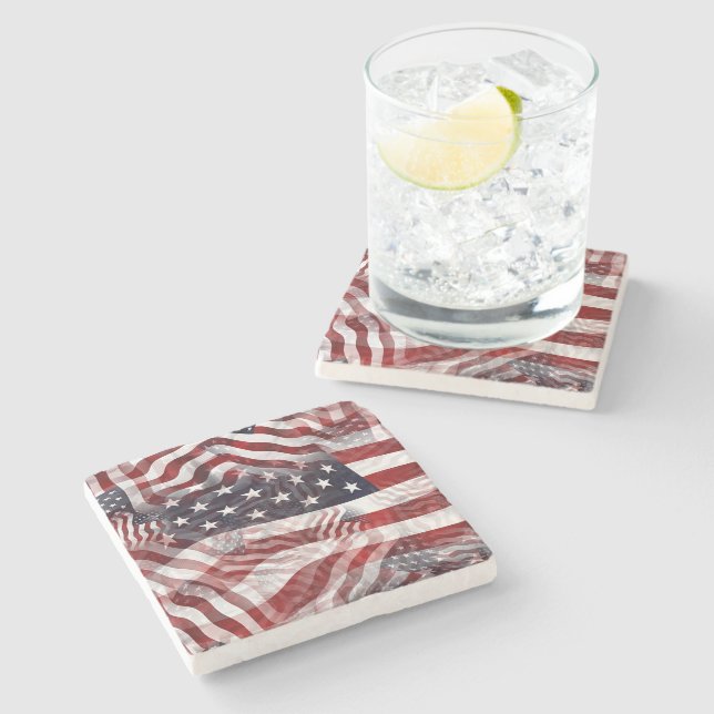 Abstract American Red White Blue Flag Motif Stone Coaster (Side)