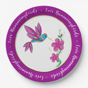 Abstract and Colourful Hummingbird and Flowers Paper Plate