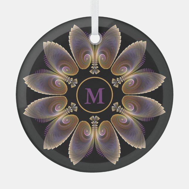 Abstract Angel Wings Mandala Fractal Monogram Glass Tree Decoration (Front)
