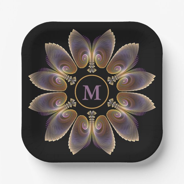 Abstract Angel Wings Mandala Fractal Monogram Paper Plate (Front)