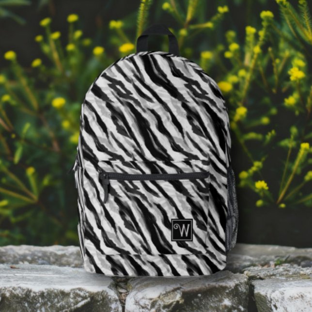 Abstract Animal Zebra Skin Black White Monogram Printed Backpack (An abstract design inspired zebra skin in a black and white monogram backpack for wherever you go.)