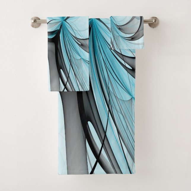 Abstract Anthracite Grey Blue Modern Fractal Art Bath Towel Set (Insitu)