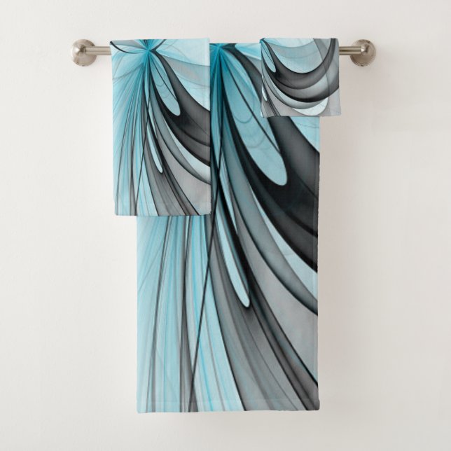 Abstract Anthracite Grey Blue Modern Fractal Art Bath Towel Set (Insitu)