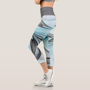 Abstract Anthracite Grey Blue Modern Fractal Art Capri Leggings
