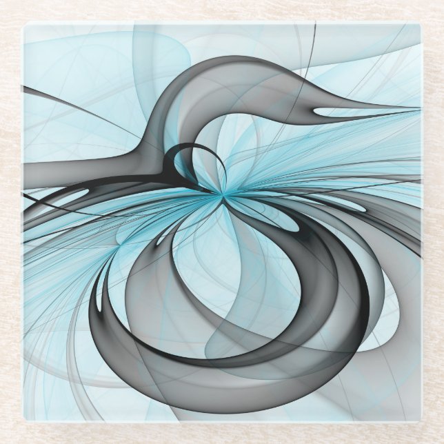 Abstract Anthracite Grey Blue Modern Fractal Art Glass Coaster (Front)