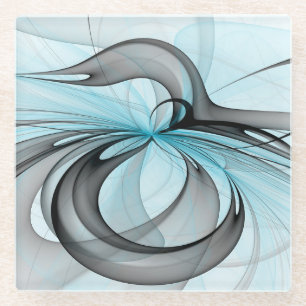 Abstract Anthracite Grey Blue Modern Fractal Art Glass Coaster