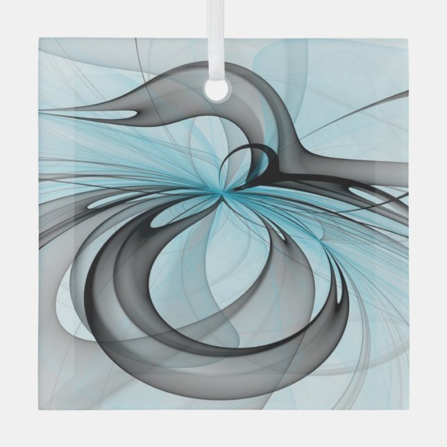 Abstract Anthracite Grey Blue Modern Fractal Art Glass Tree Decoration (Front)