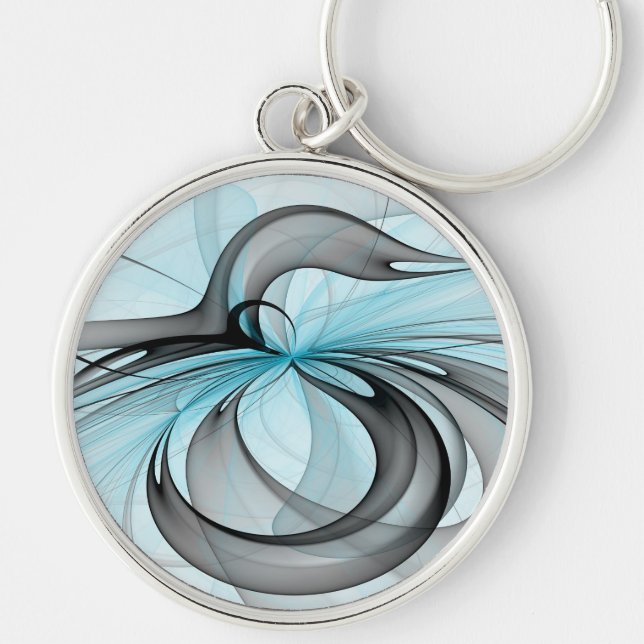 Abstract Anthracite Grey Blue Modern Fractal Art Key Ring (Front)