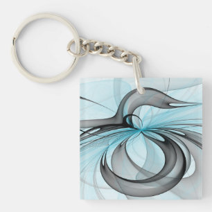 Abstract Anthracite Grey Blue Modern Fractal Art Key Ring