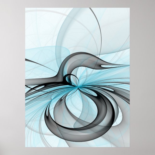 Abstract Anthracite Grey Blue Modern Fractal Art Poster (Front)