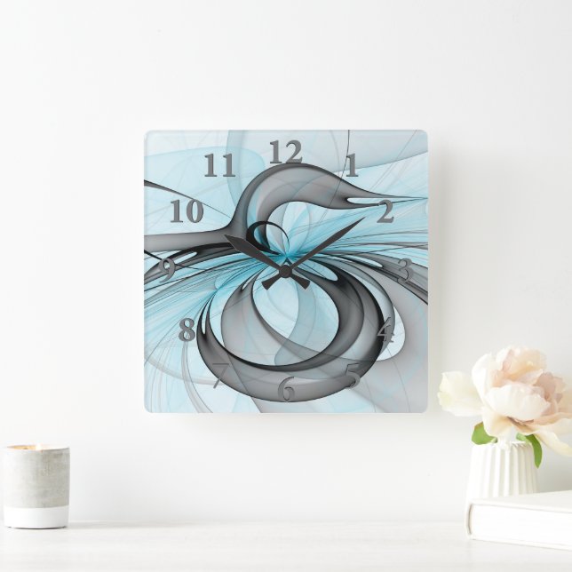 Abstract Anthracite Grey Blue Modern Fractal Art Square Wall Clock (Home)