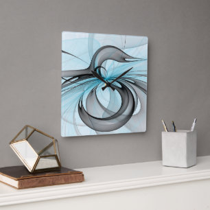 Abstract Anthracite Grey Blue Modern Fractal Art Square Wall Clock