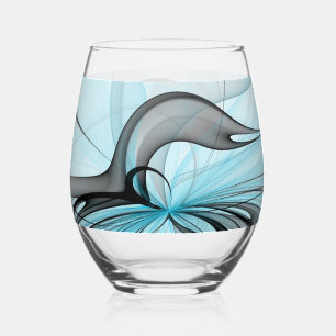 Abstract Anthracite Grey Blue Modern Fractal Art Stemless Wine Glass