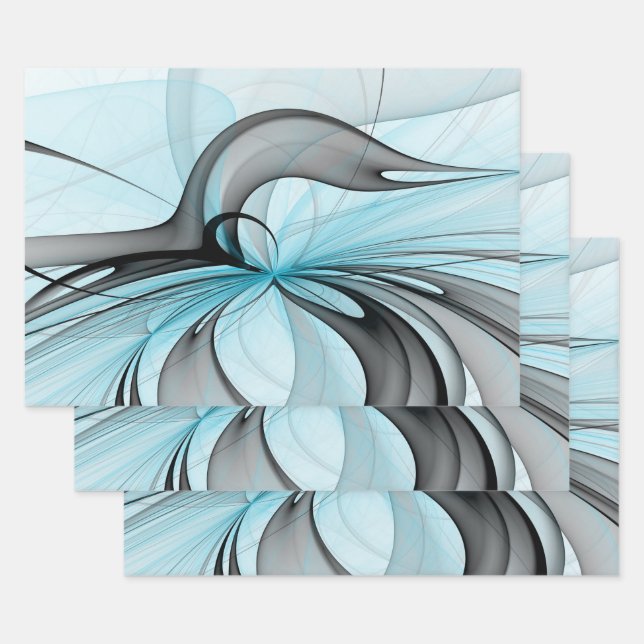 Abstract Anthracite Grey Blue Modern Fractal Art Wrapping Paper Sheet (Set)