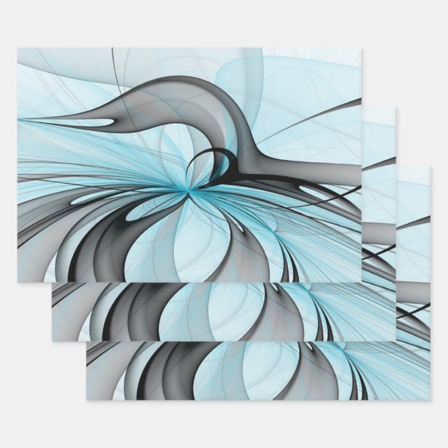 Abstract Anthracite Grey Blue Modern Fractal Art Wrapping Paper Sheet (Set)