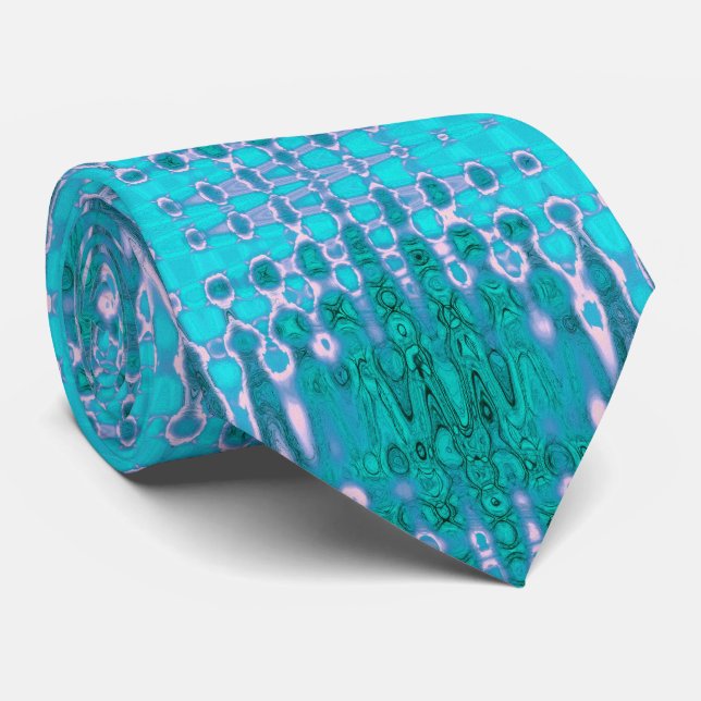 Abstract Aqua and Pink Wavy Atomic Clouds Tie (Rolled)