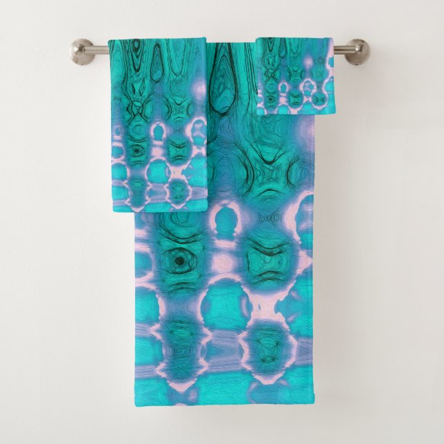 Abstract Aqua and Pink Wavy Tie Dye Clouds Bath Towel Set (Insitu)