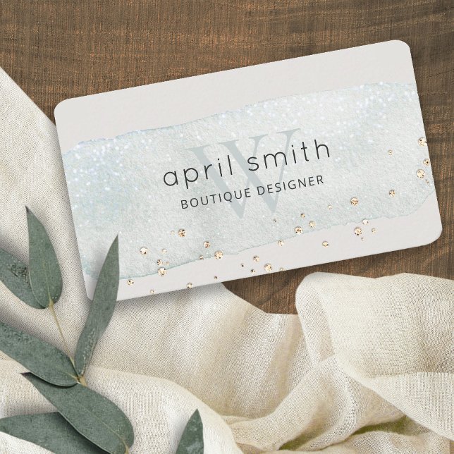 Abstract Aqua Blue Brush Stoke Monogram Glitter Business Card (Creator Uploaded)
