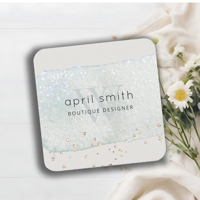 Abstract Aqua Blue Brush Stoke Monogram Glitter Square Business Card (Creator Uploaded)