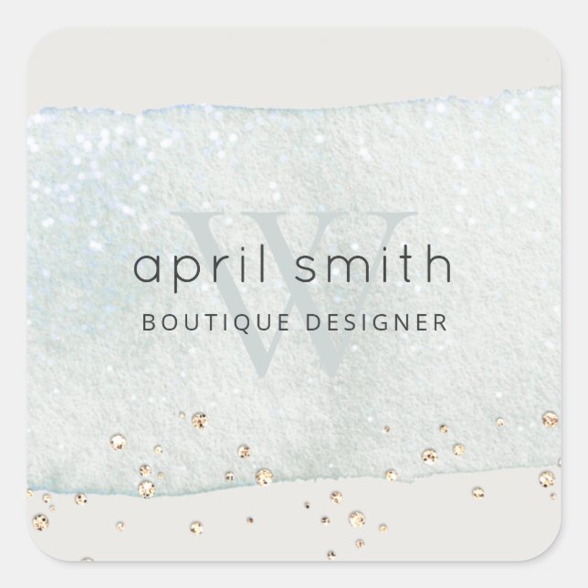 Abstract Aqua Blue Brush Stoke Monogram Glitter Square Sticker (Front)