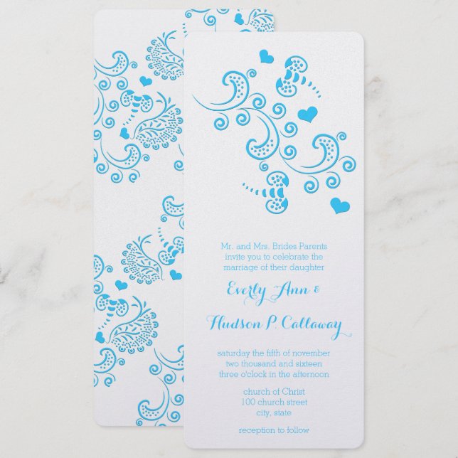 Abstract Aqua Blue Butterfly or Bumble Bee Wedding Invitation (Front/Back)