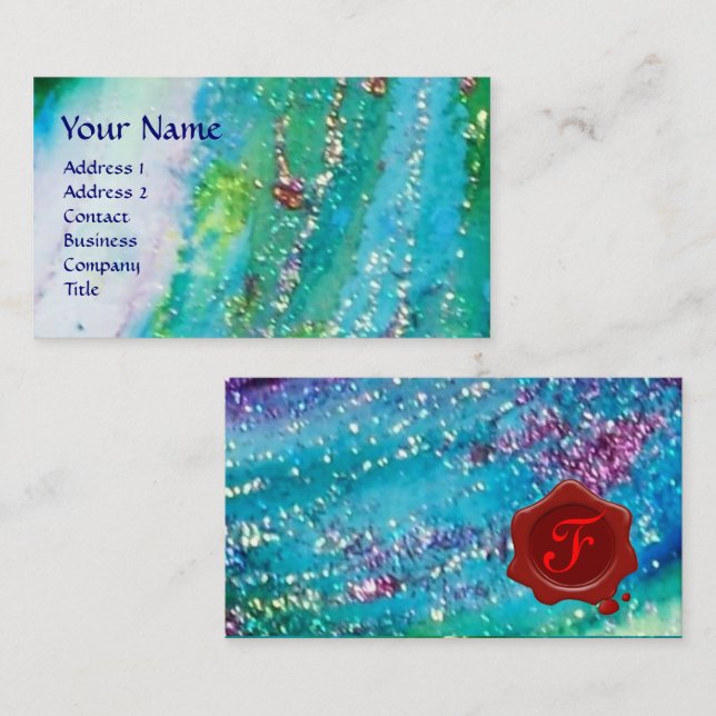 ABSTRACT AQUA BLUE TEAL GOLD SPARKLES,RED WAX SEAL BUSINESS CARD (Front/Back)