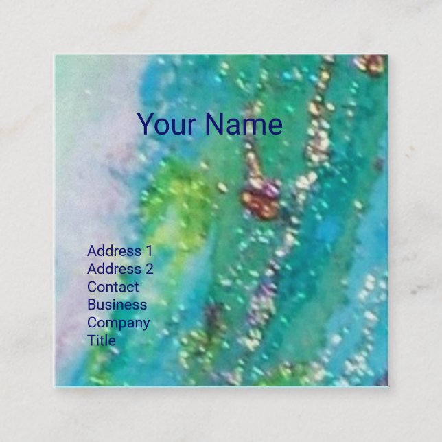 ABSTRACT AQUA BLUE TEAL GOLD SPARKLES,RED WAX SEAL SQUARE BUSINESS CARD (Front)