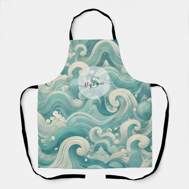 Abstract Aqua Blue & White Wave – Modern Fluid Art Apron (Front)
