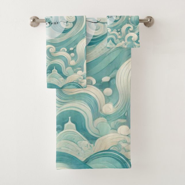 Abstract Aqua Blue & White Wave – Modern Fluid Art Bath Towel Set (Insitu)
