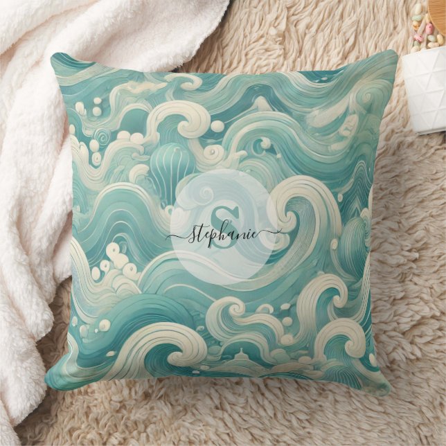 Abstract Aqua Blue & White Wave – Modern Fluid Art Cushion (Blanket)