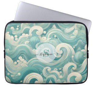 Abstract Aqua Blue & White Wave – Modern Fluid Art Laptop Sleeve