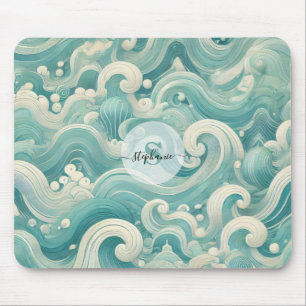 Abstract Aqua Blue & White Wave – Modern Fluid Art Mouse Mat