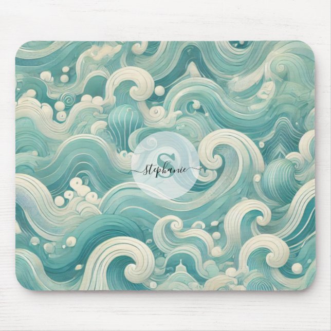 Abstract Aqua Blue & White Wave – Modern Fluid Art Mouse Mat (Front)