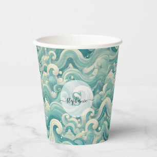 Abstract Aqua Blue & White Wave – Modern Fluid Art Paper Cups