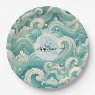 Abstract Aqua Blue & White Wave – Modern Fluid Art Paper Plate