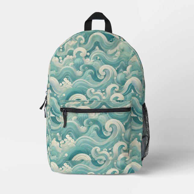 Abstract Aqua Blue & White Wave – Modern Fluid Art Printed Backpack (Front)